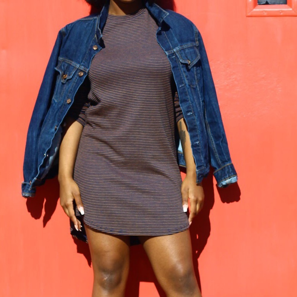 long-sleeved striped shirt.